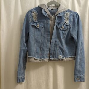 SHEIN Blue Distressed Denim Jacket with Gray Hoodie
